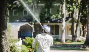 Technician using a long wand to spray treatment high toward residential trees or rooflines.