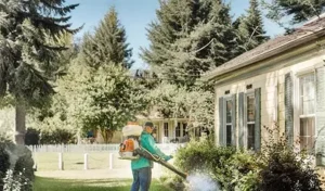 Technician using a motorized backpack mister to treat landscaping in front of a yellow house.