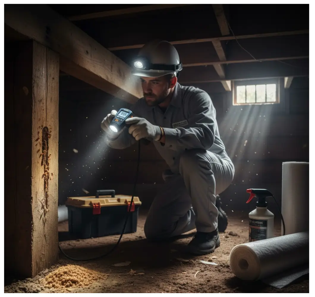 Termite inspector examining wooden structure