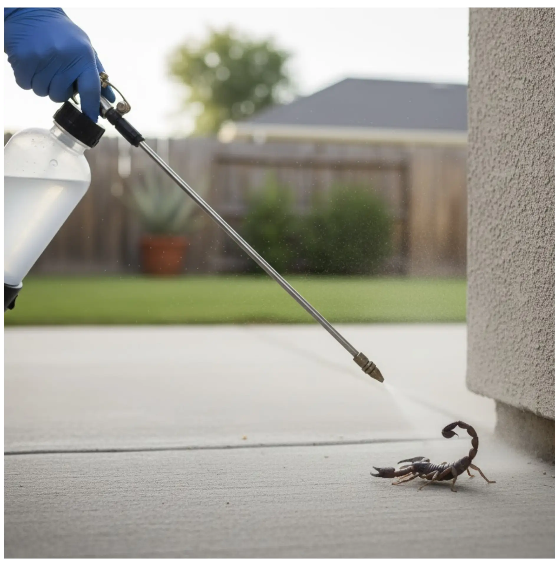Person using a sprayer to apply pest control treatment on a scorpion in a residential setting, emphasizing scorpion management services by Critter Gritter Pest Management.