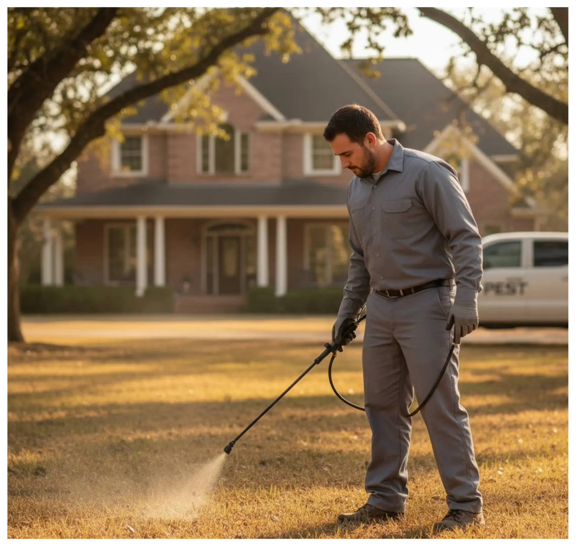 Pest control technician treating lawn