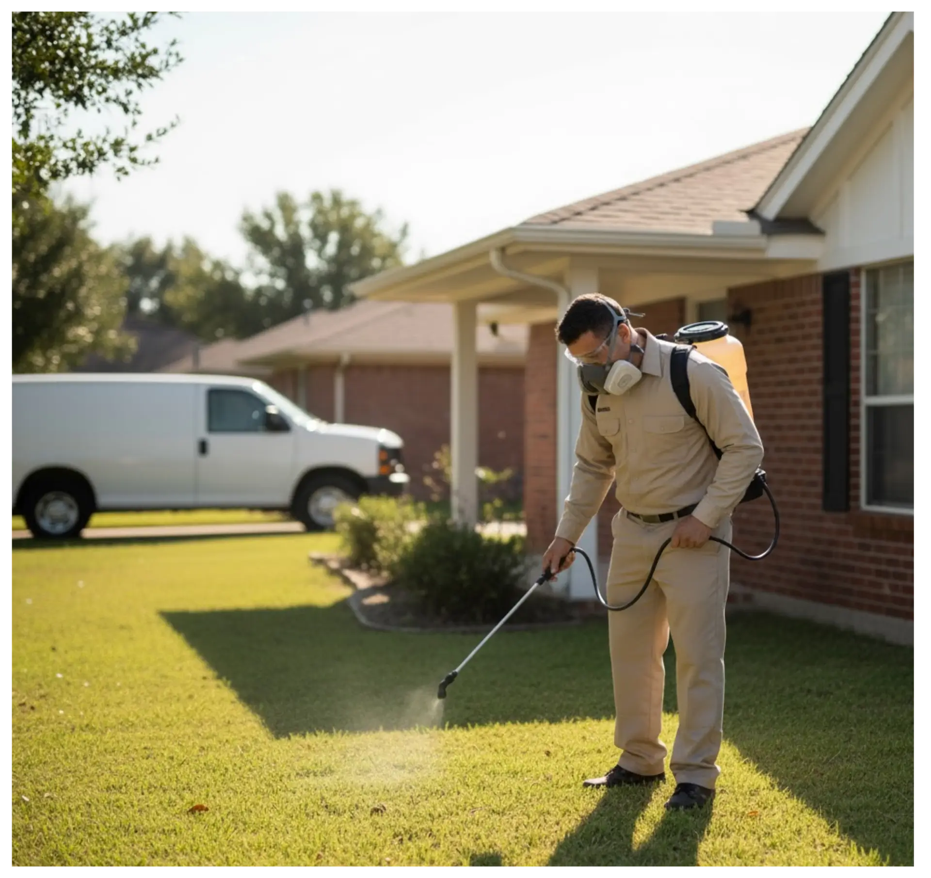 Pest control technician spraying lawn