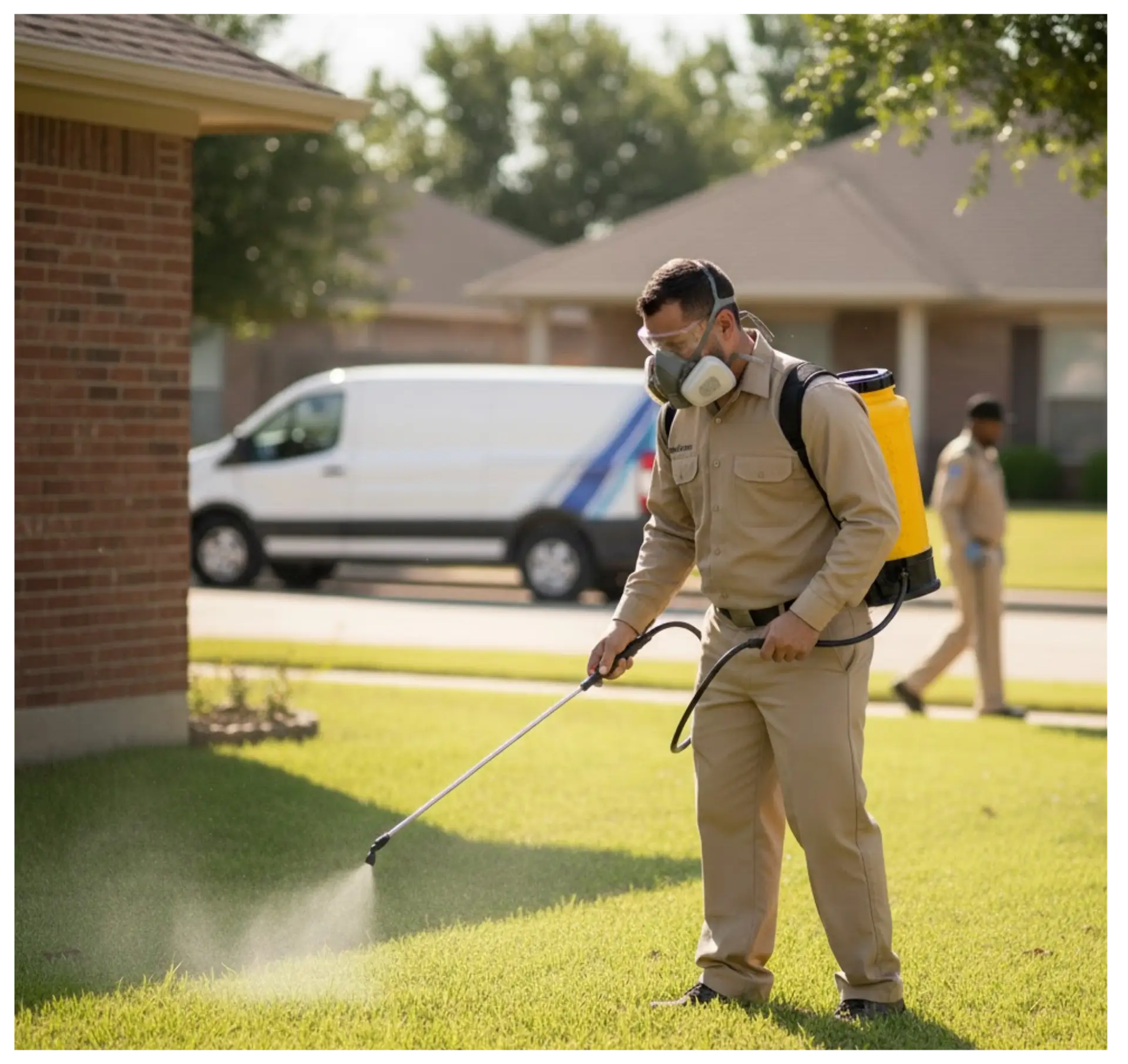 Pest control technician applying treatment in residential lawn, wearing protective gear, with service vehicle in background, highlighting CG Pest Control services in Montgomery County.