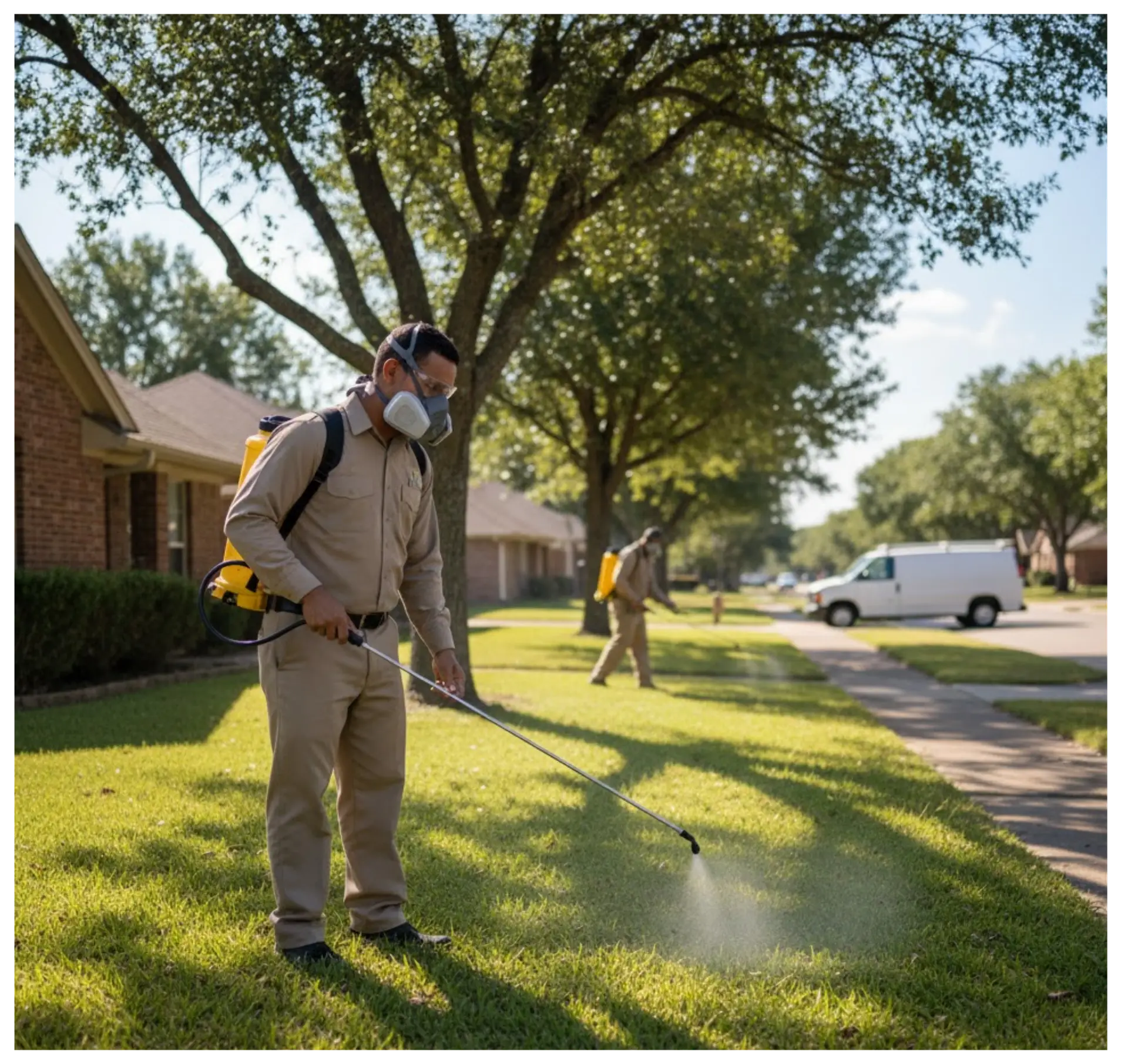 Pest control technician spraying lawn