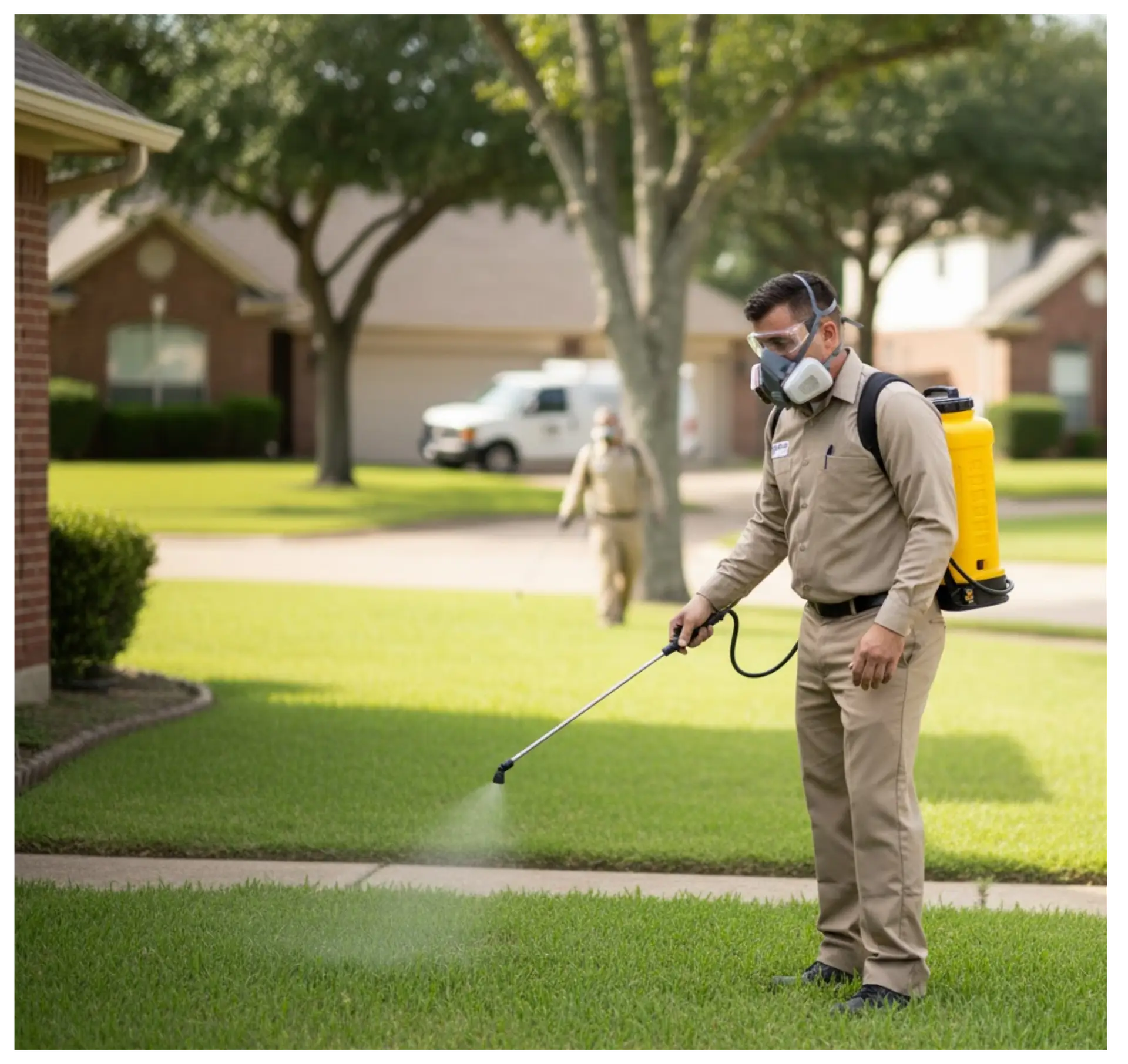 Pest control technician spraying lawn