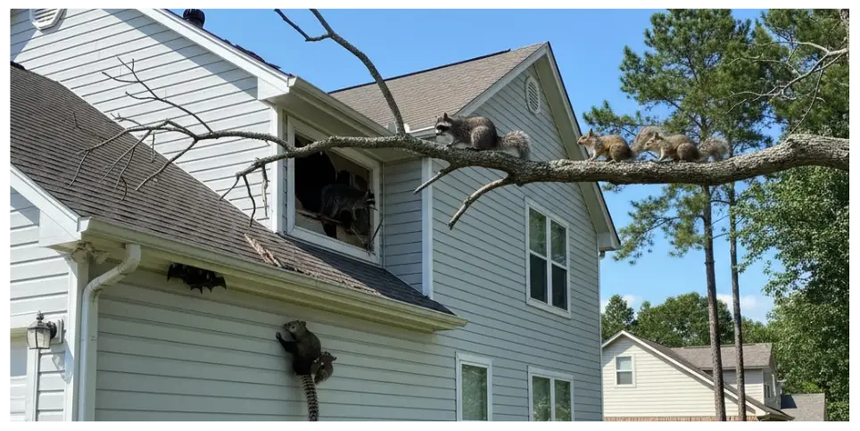 Squirrels and raccoons on a tree branch near a house, highlighting wildlife intrusion issues relevant to Critter Gritter Pest Management's wildlife removal services in East Texas.