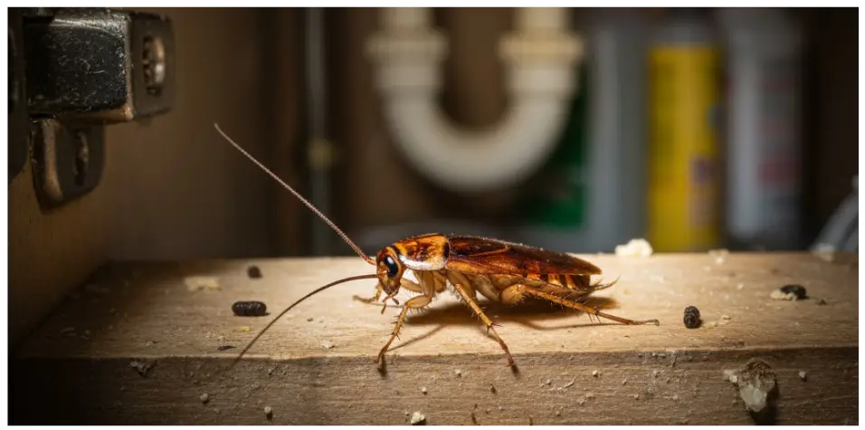 German cockroach on wooden surface, highlighting pest control challenges in kitchens and bathrooms, relevant to Critter Gritter Pest Management services.
