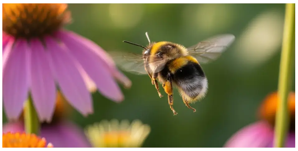 Bee hovering near pink and orange flowers, illustrating the importance of professional bee management in pest control services.