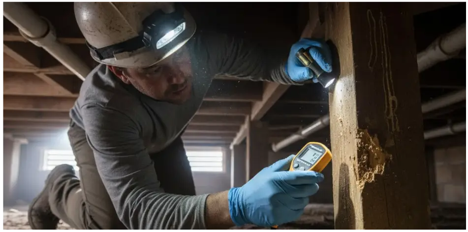 Pest control technician inspecting wooden beam for termite damage with flashlight and moisture meter in residential crawl space.