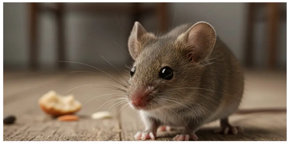 Close-up of a mouse on wooden floor, highlighting rodent presence and potential home damage related to pest control services.