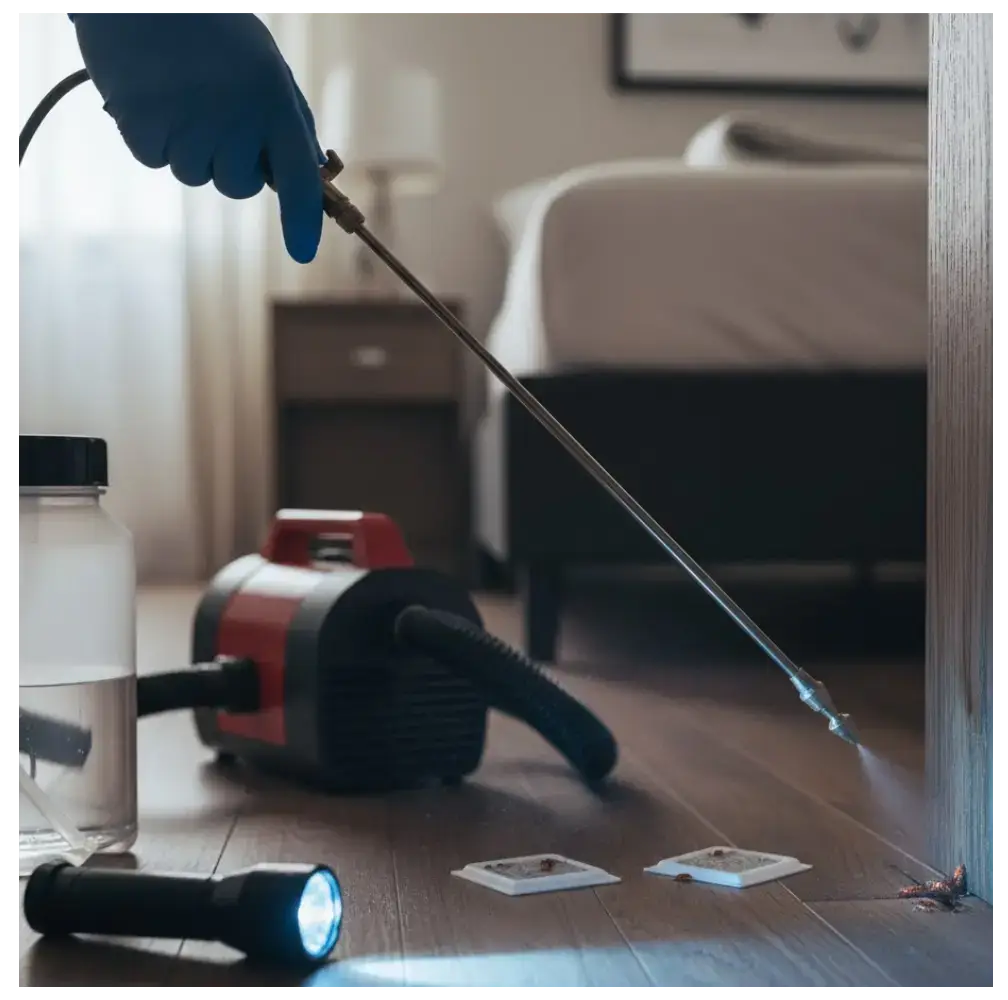 Professional pest control technician applying treatment for bed bugs in a bedroom, with equipment including a sprayer, flashlight, and pest traps visible on the floor.