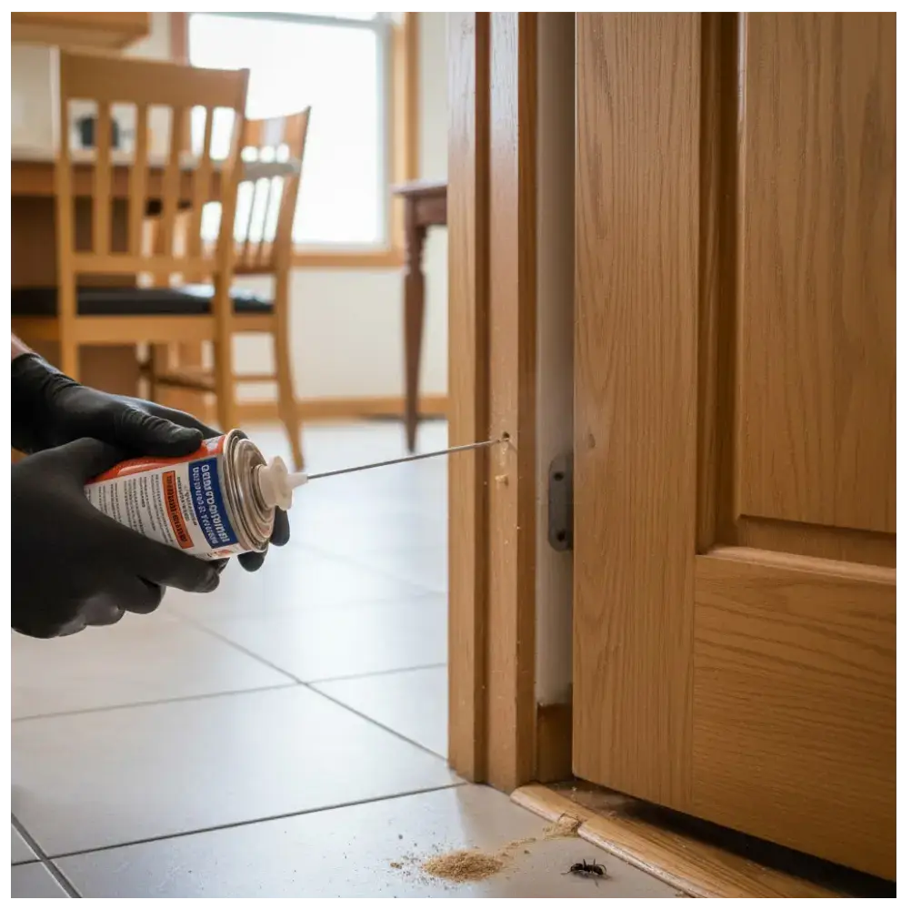 Person applying pest control spray into a wooden door frame, with sawdust and a carpenter ant visible on the floor, illustrating effective carpenter ant treatment.