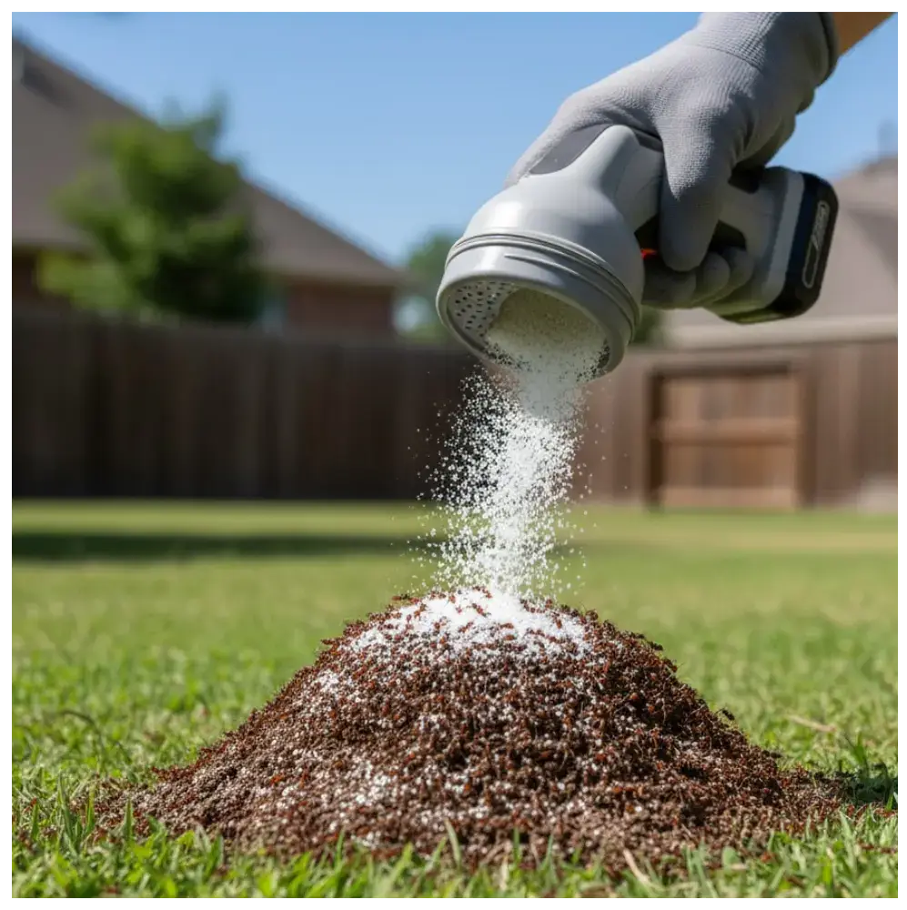 Applying pesticide to fire ant mound