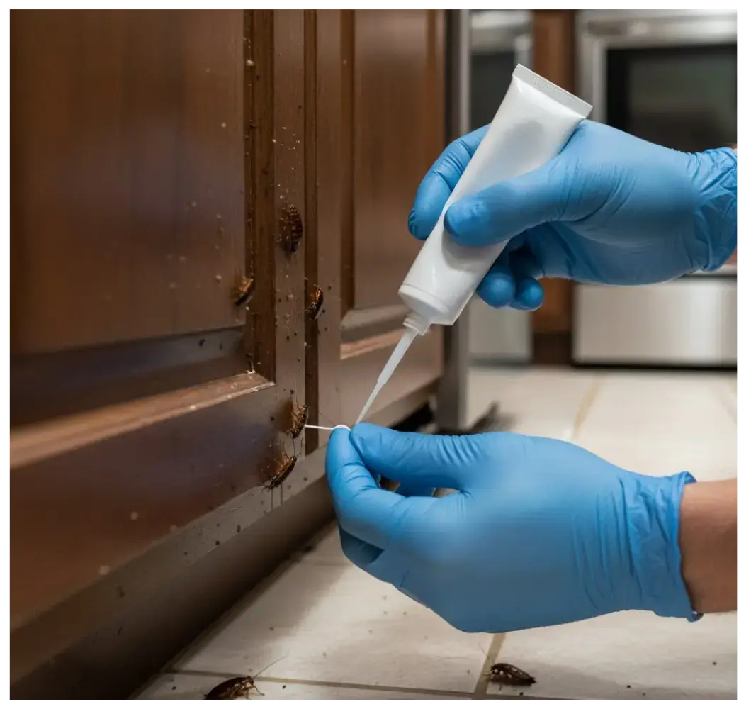 Person in blue gloves applying pest control treatment to kitchen cabinets infested with German roaches, highlighting pest management efforts.