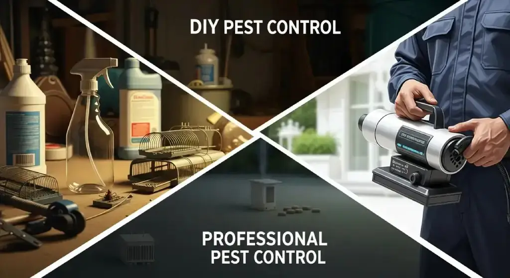 DIY pest control supplies including traps and sprays alongside a professional pest control technician holding equipment, illustrating the comparison between DIY methods and professional services for effective pest management.