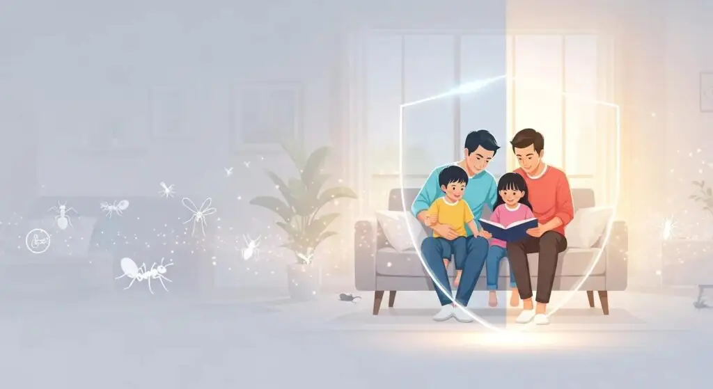 Family reading together on a couch with a protective shield, surrounded by illustrations of common household pests, emphasizing pest protection for family well-being.