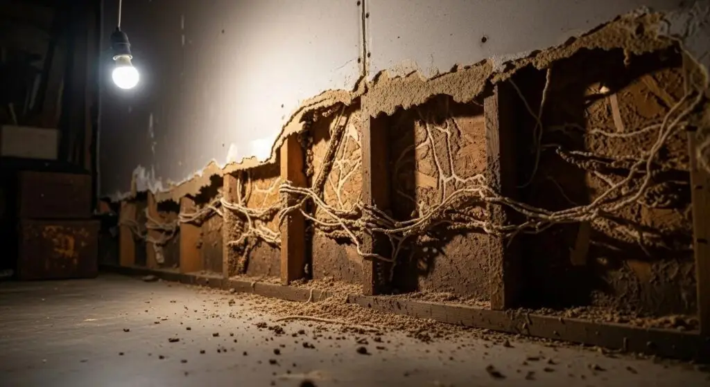 Termite-damaged wall showing extensive wood erosion and mud tubes, highlighting the need for effective termite control solutions in Texas homes.