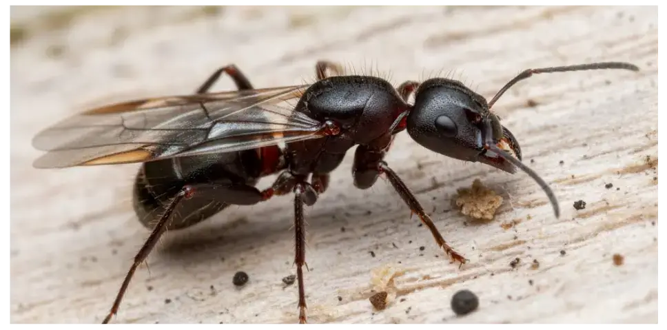 Close-up of a carpenter ant with wings on wood, highlighting potential signs of infestation and damage to homes.