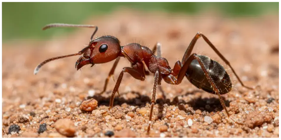 Close-up of a fire ant on sandy ground, highlighting its aggressive features and potential threat in East Texas lawns.
