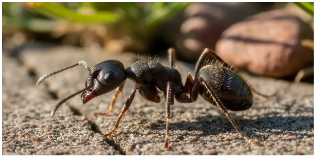 Close-up of an ant on a textured surface, illustrating the pest problem addressed by CG Pest Control's ant control services in Texas.