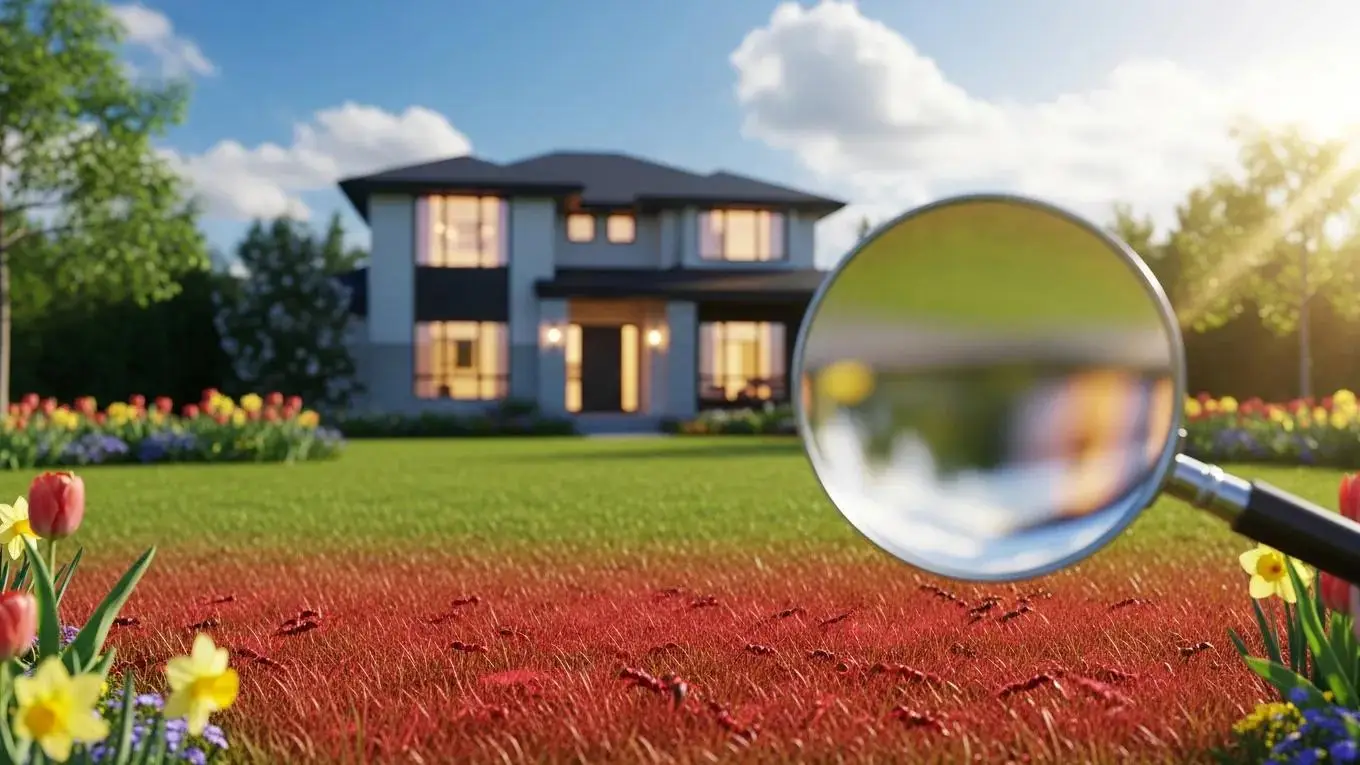 Magnifying glass focusing on fire ants in a lawn with a house in the background, illustrating spring pest activity in Crockett, Texas.