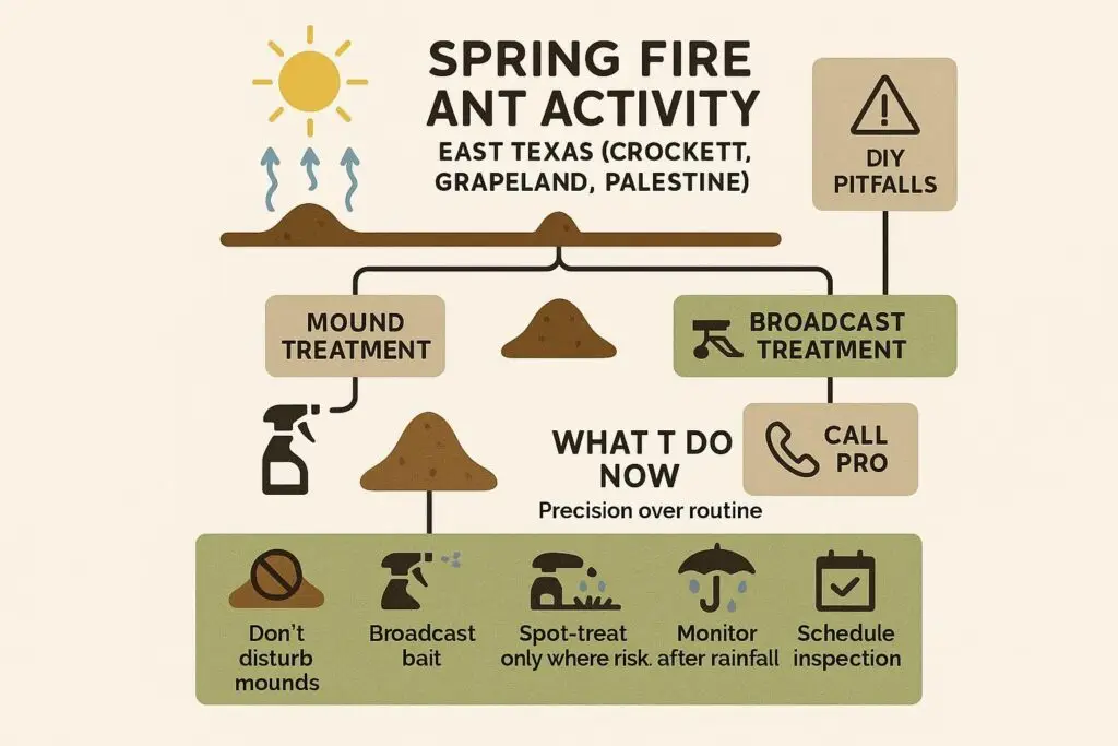 Spring fire ant activity infographic for East Texas, highlighting mound and broadcast treatment methods, DIY pitfalls, and actionable tips for homeowners, emphasizing the importance of professional pest control services.
