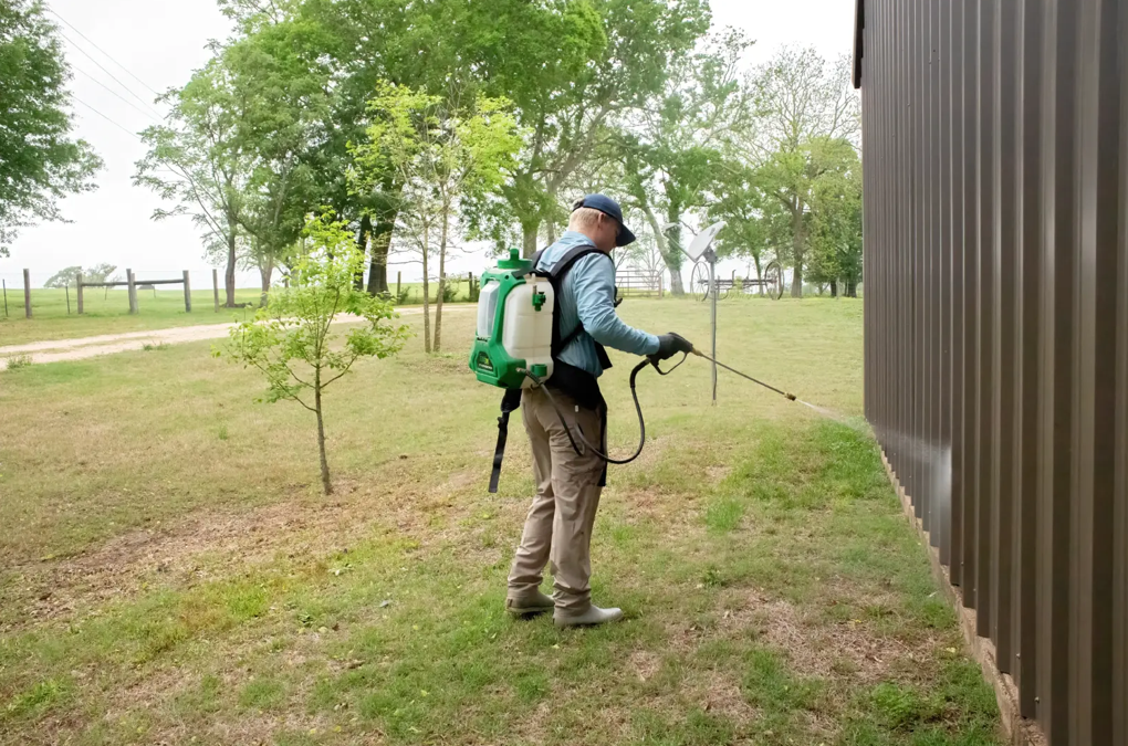 Professional pest control spraying building
