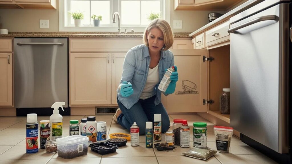 Homeowner using DIY pest control products in the kitchen, highlighting safety concerns