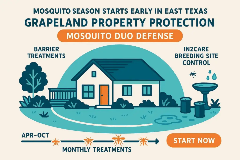 Mosquito control infographic highlighting Grapeland property protection, featuring a house, barrier treatments, In2Care breeding site control, and seasonal treatment timeline from April to October.
