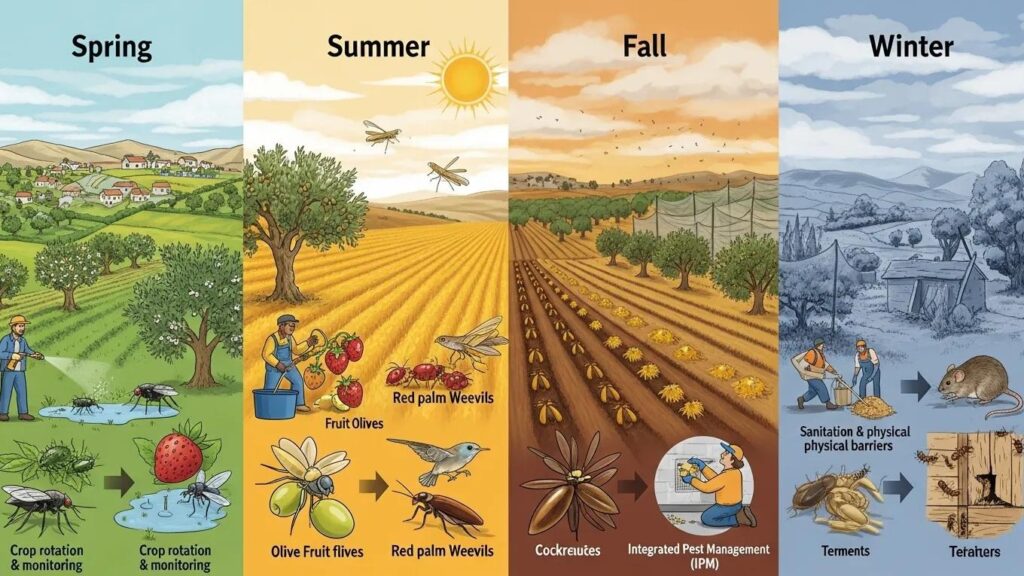 Seasonal pest activity in Palestine showing spring, summer, fall, and winter pest management strategies