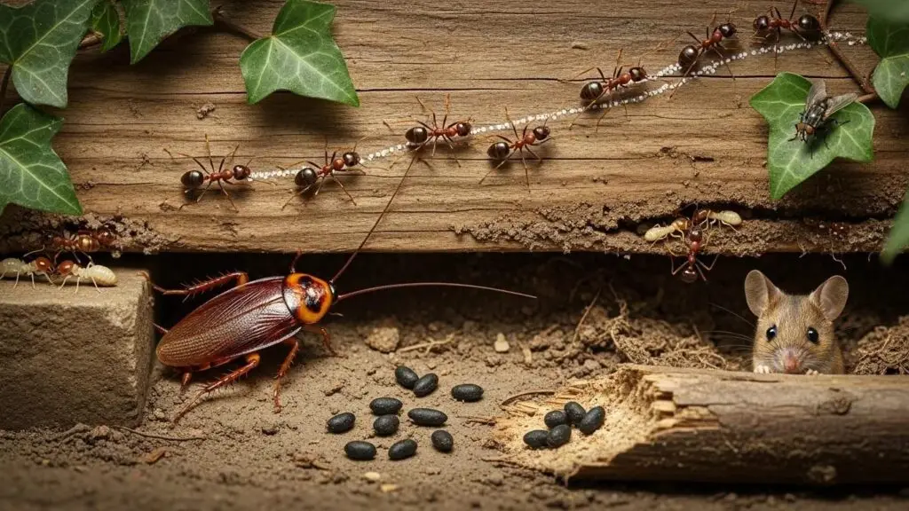 Common pests in Palestine including ants, cockroaches, and rodents with signs of infestation