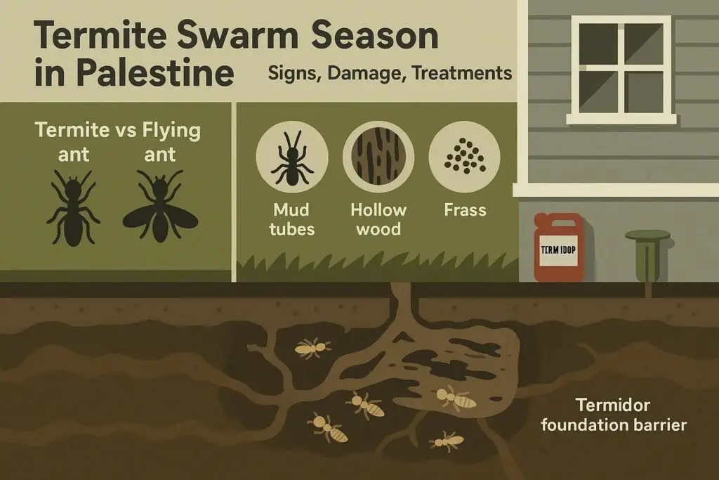 Termite swarm season infographic for Palestine, featuring termite vs flying ant comparison, signs of infestation including mud tubes, hollow wood, and frass, with a Termidor foundation barrier illustration.