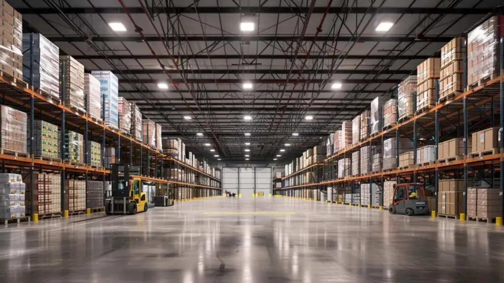Warehouse shelving stacked boxes