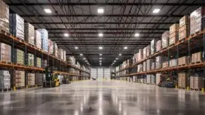 Warehouse shelving stacked boxes