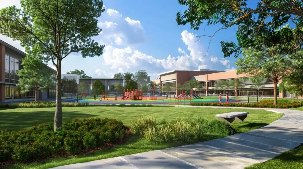 School playground with grassy lawn