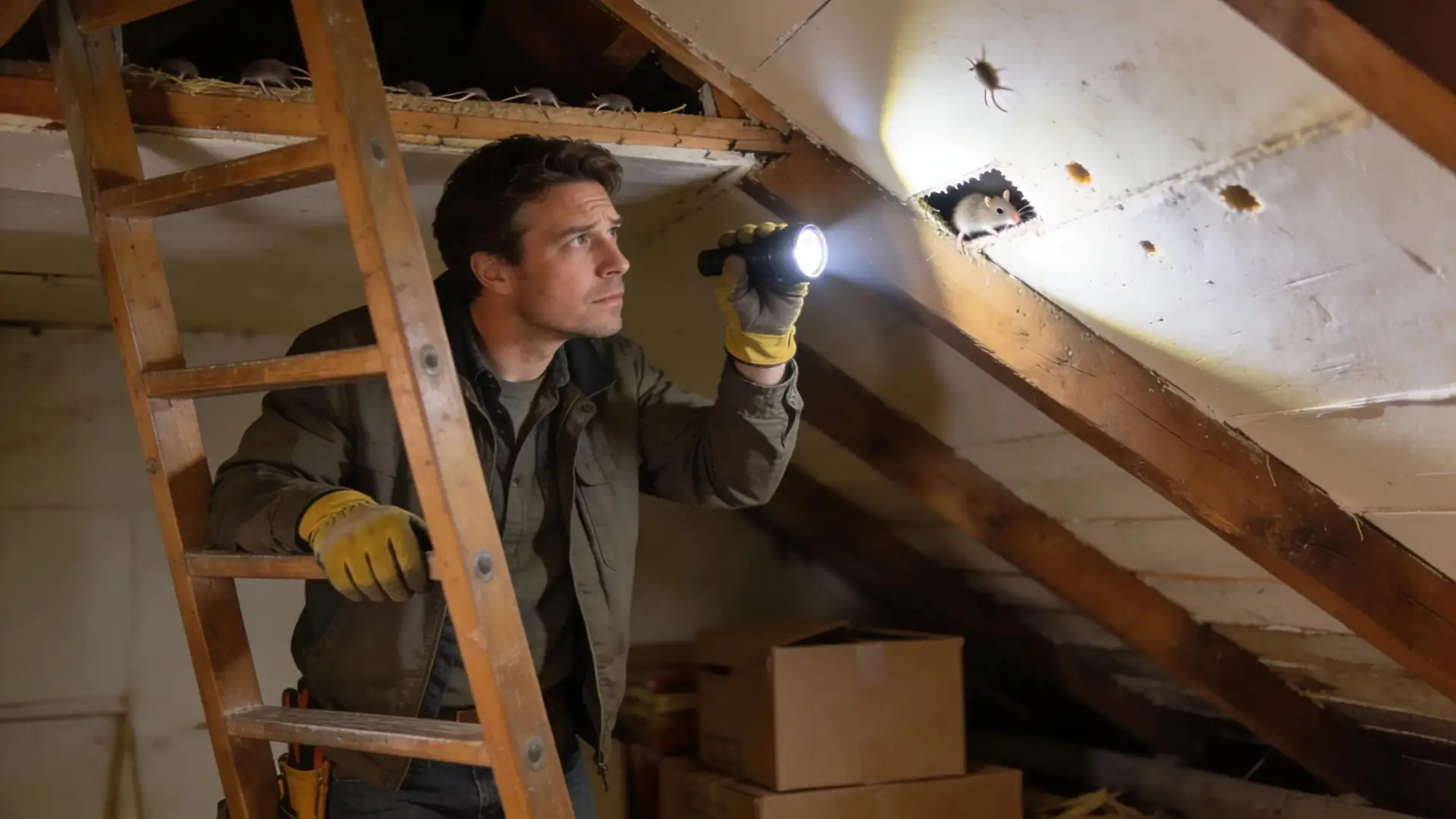 Man inspecting attic for rodents