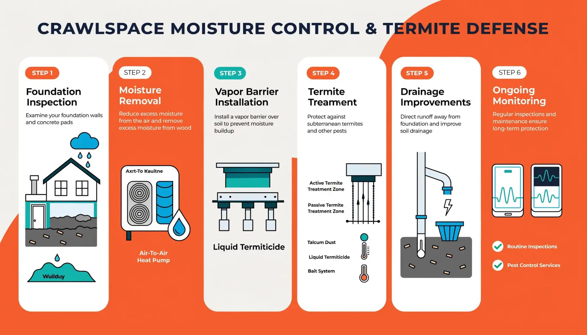 Six-step infographic on crawlspace moisture control and termite defense