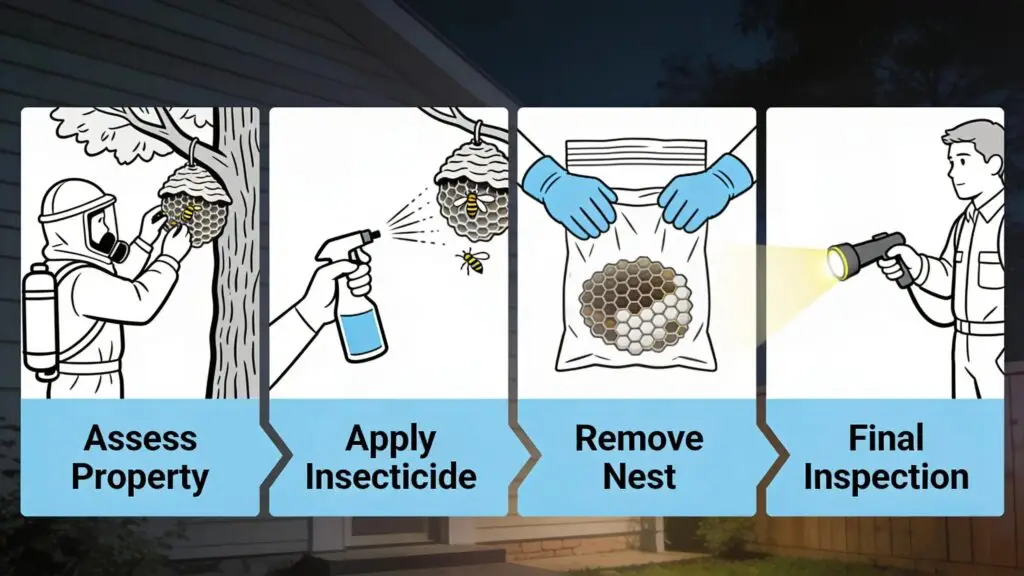 Four-step wasp nest removal process: assess property, apply insecticide, remove nest, final inspection