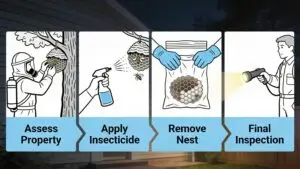 Four-step wasp nest removal process: assess property, apply insecticide, remove nest, final inspection