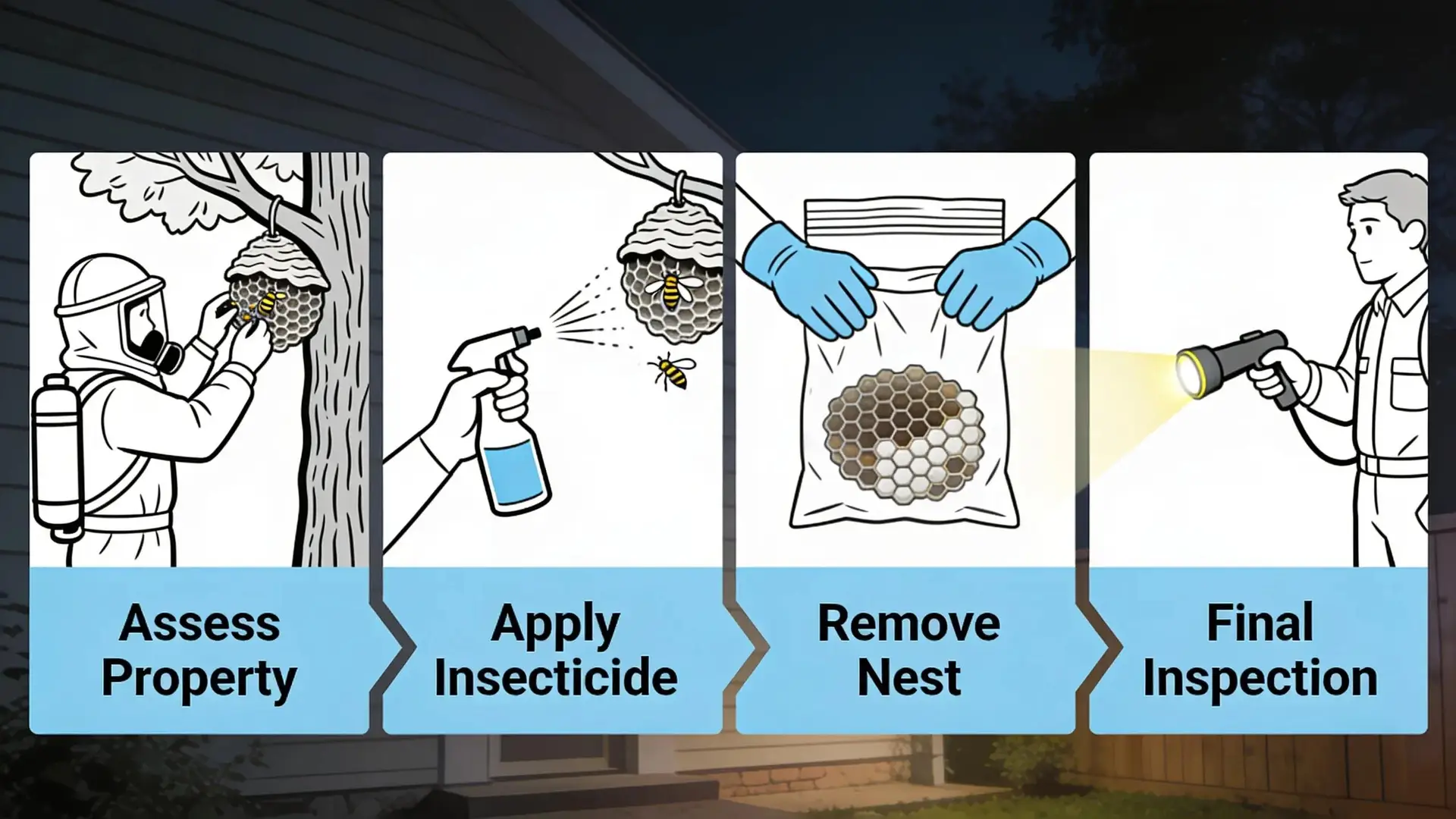 Four-step wasp nest removal process: assess property, apply insecticide, remove nest, final inspection