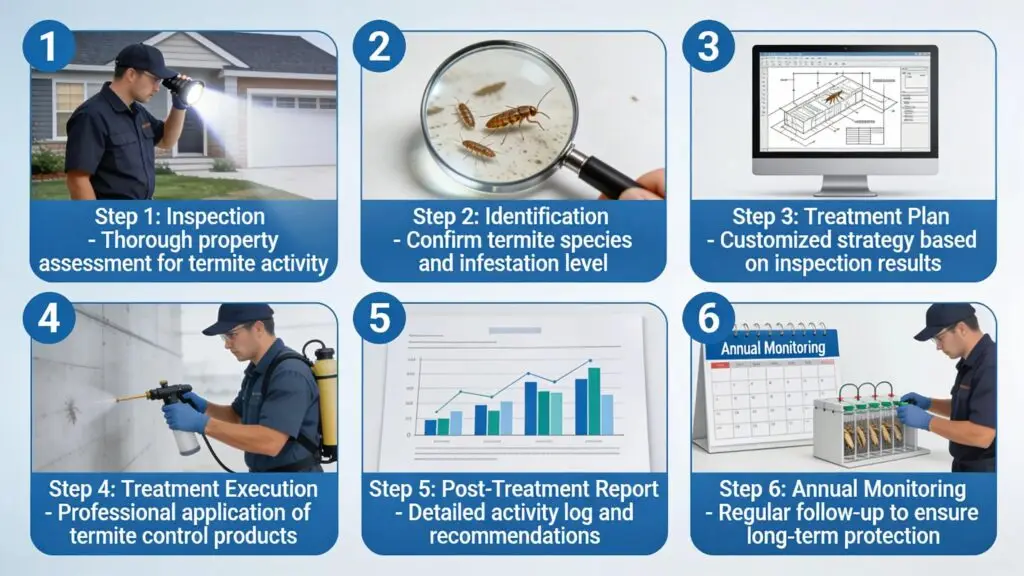 Six-step termite protection process from inspection through treatment and annual monitoring