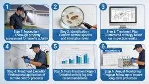 Six-step termite protection process from inspection through treatment and annual monitoring