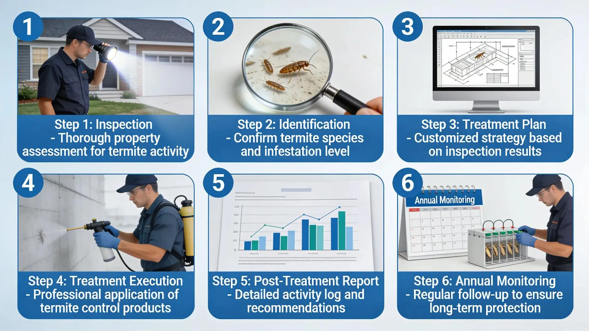 Six-step termite protection process from inspection through treatment and annual monitoring