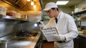 Pest inspector examining commercial kitchen