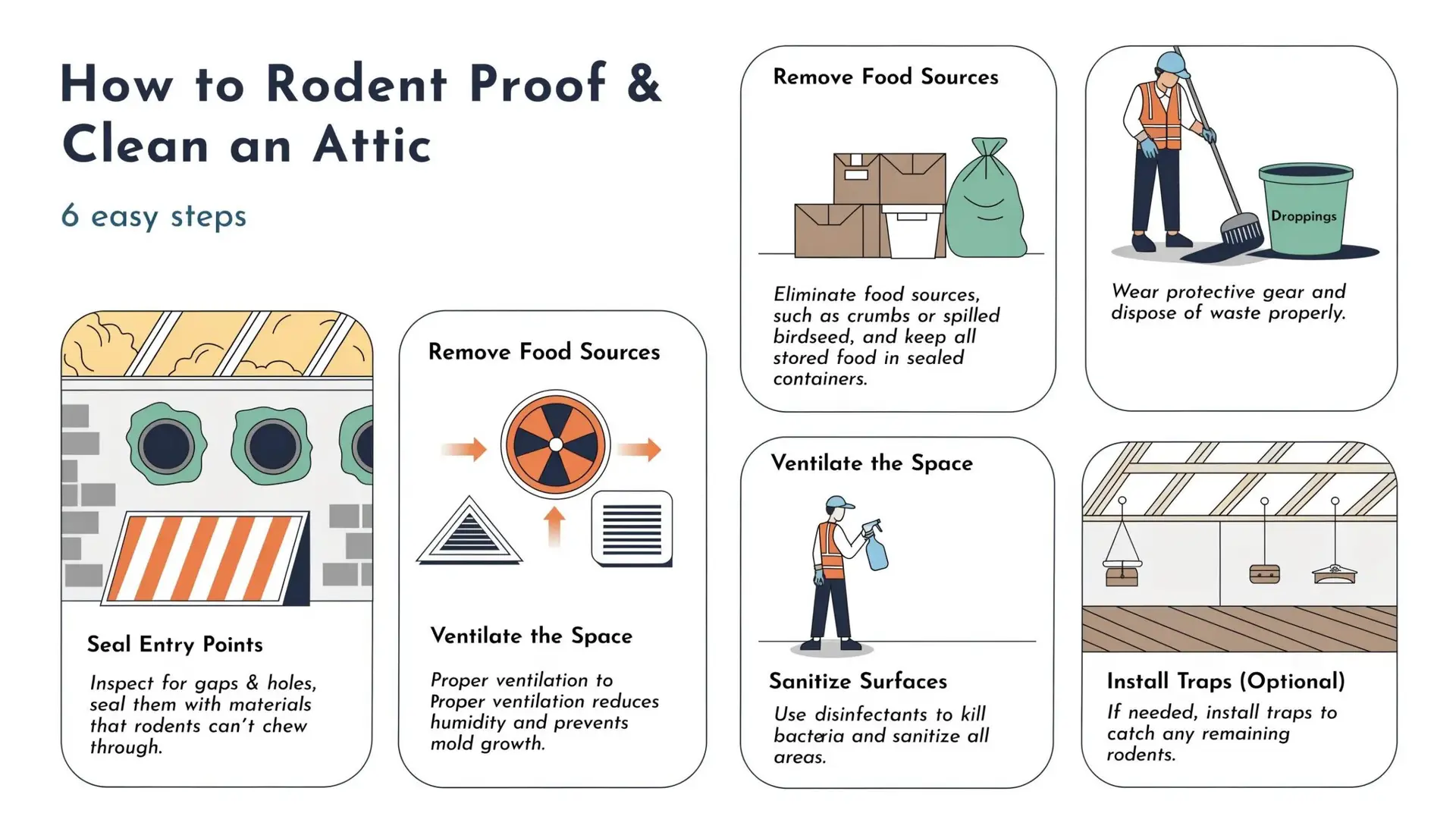 Six-step attic rodent proofing and cleanup process infographic