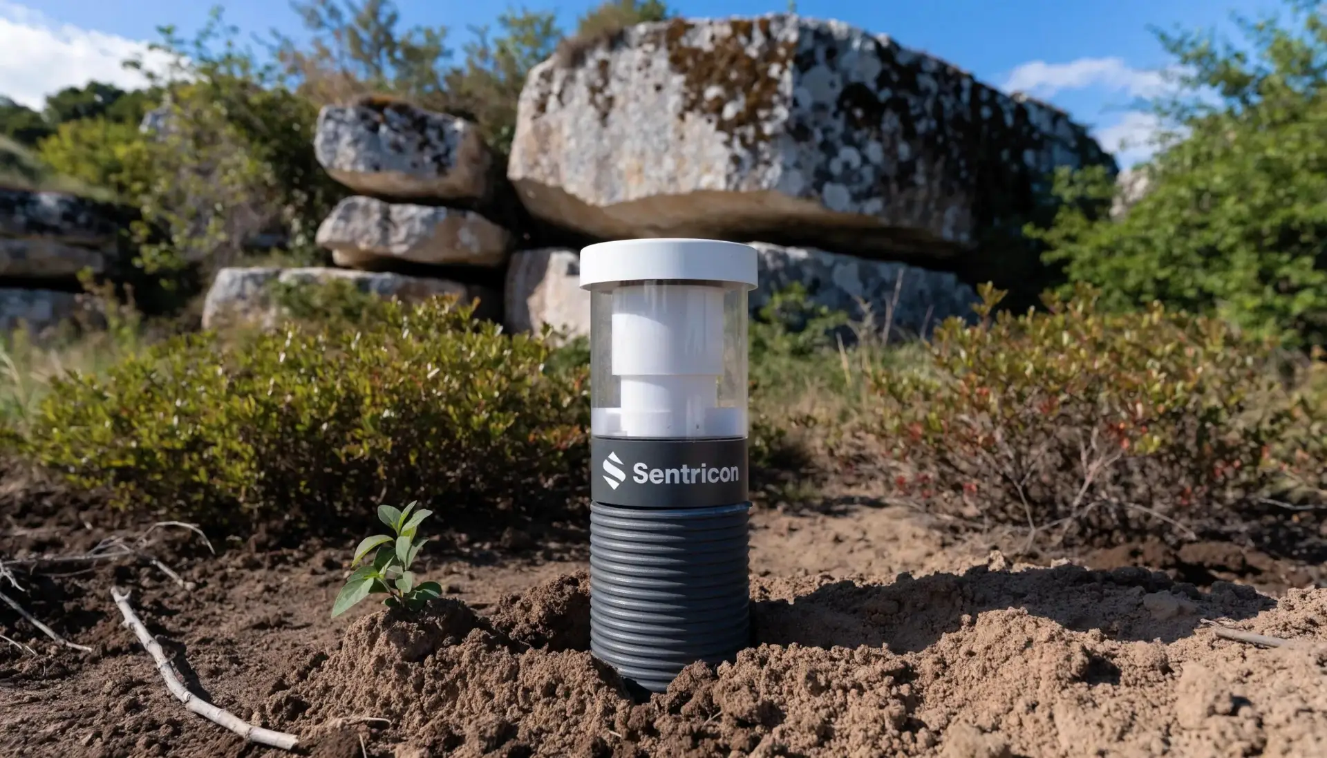 Close-up of a Sentricon bait station in the ground, featuring installation details and environmental context.