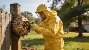 Pest control technician assessing a wasp nest in a Madisonville yard