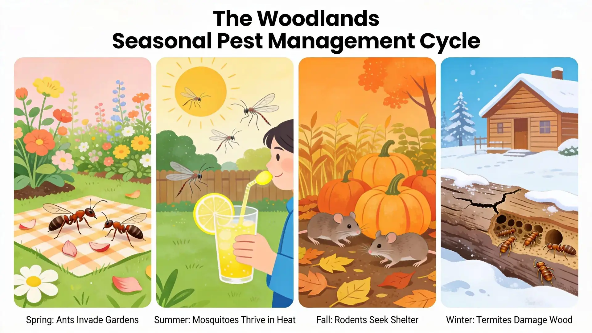 Seasonal pest management challenges in The Woodlands, featuring visuals for each season