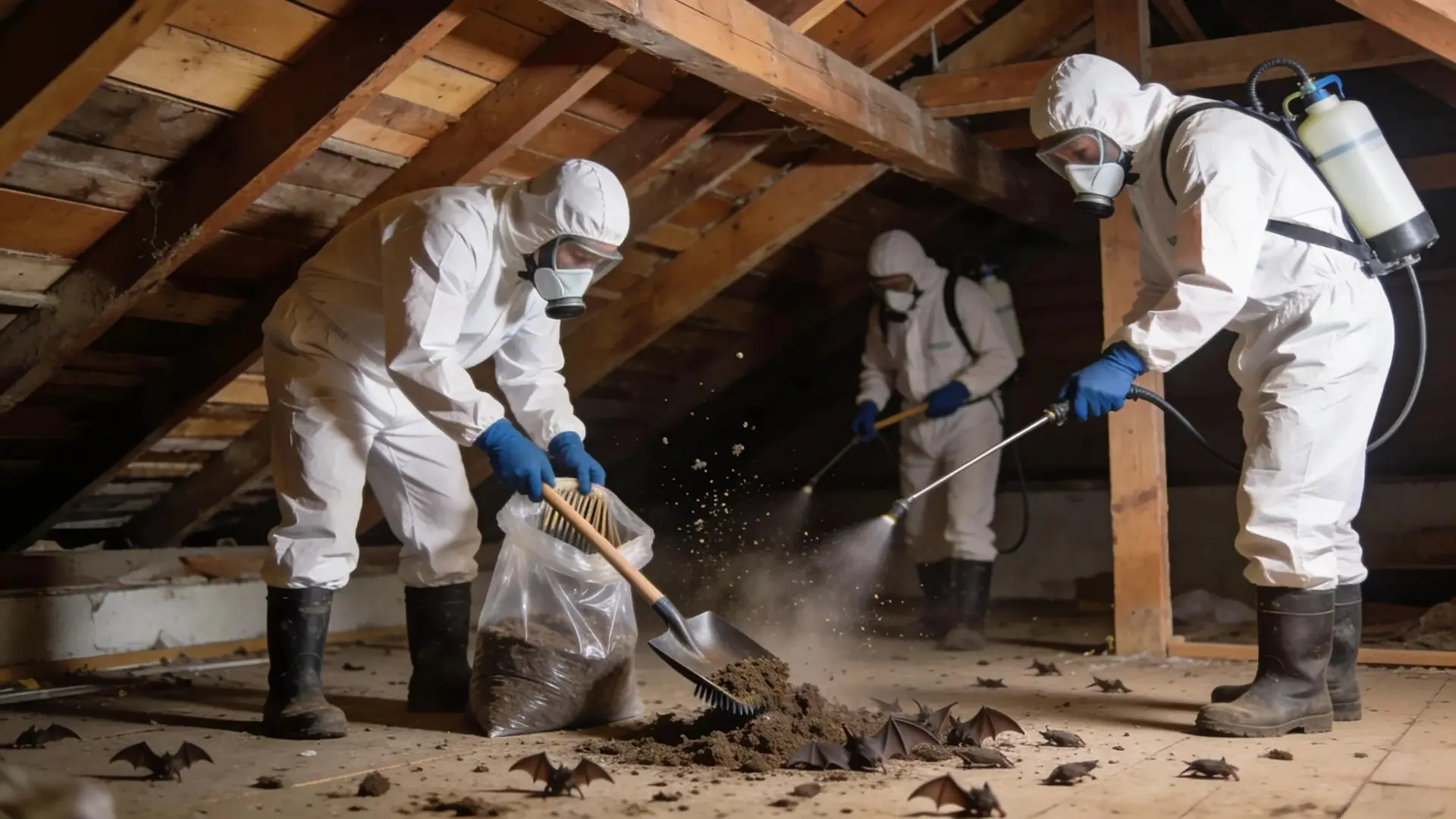 Pest management team performing bat guano cleanup and disinfection in an attic