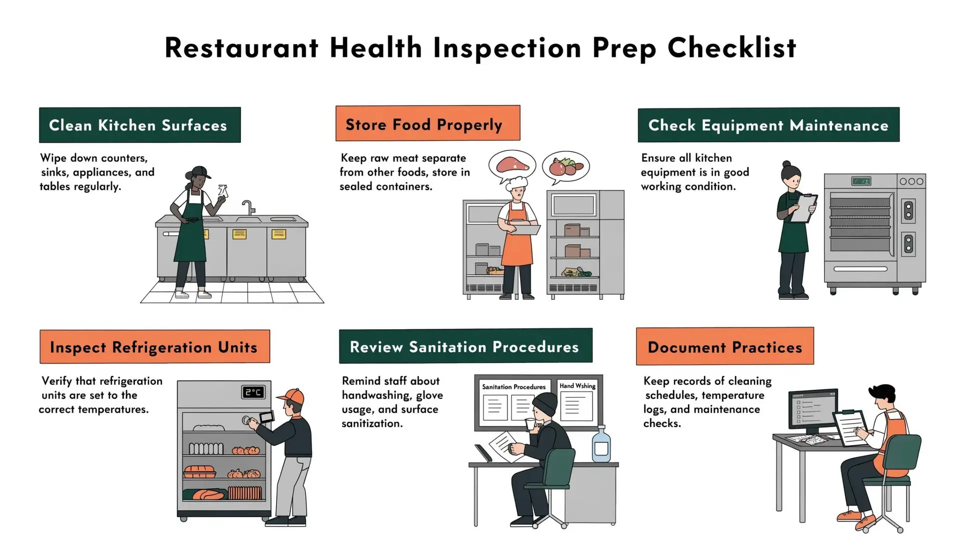 Six-step restaurant health inspection prep checklist infographic